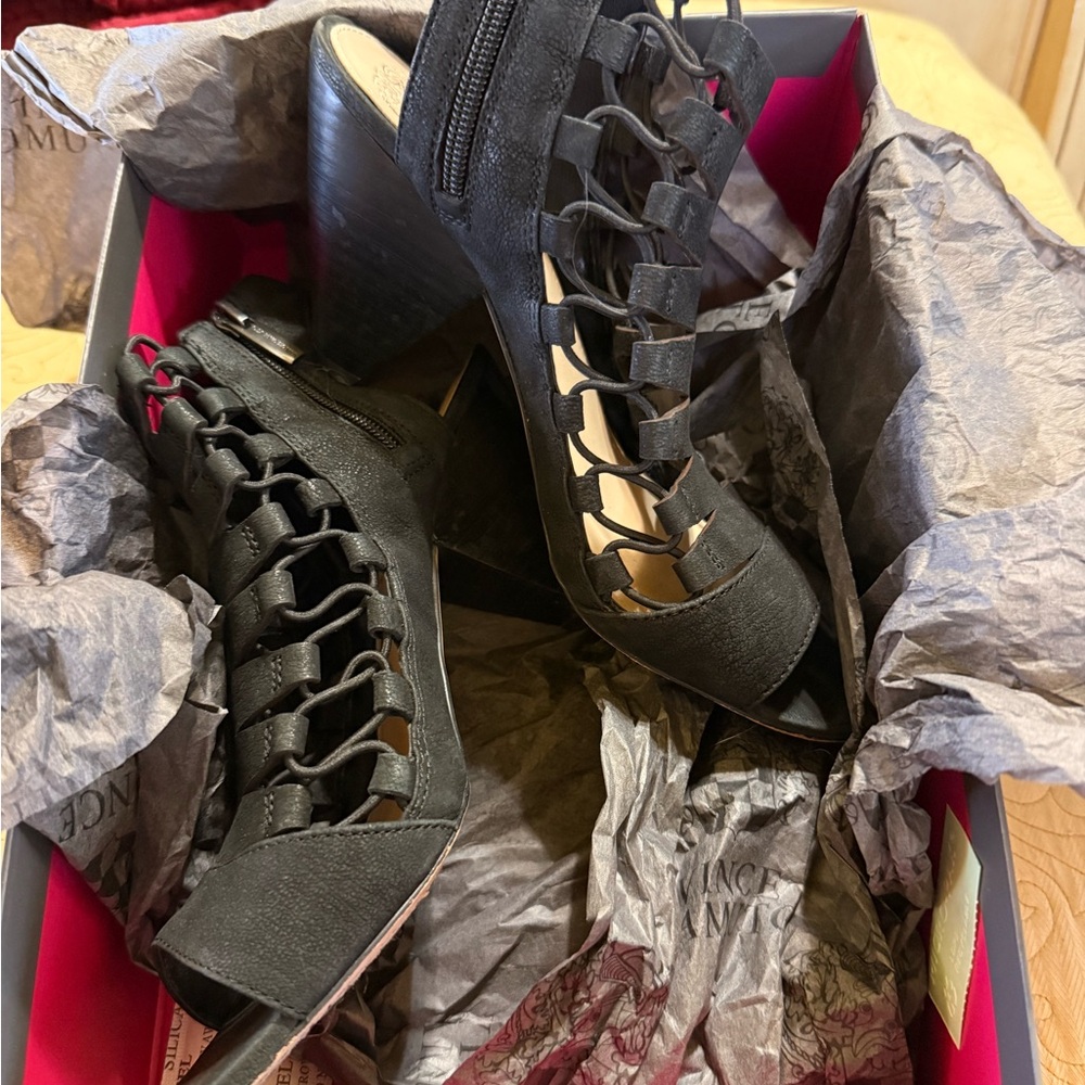 Vince Camuto Black Lace-Up Peep-Toe Wedge Heels